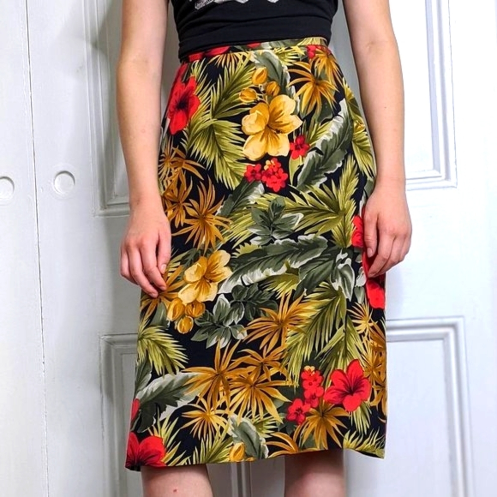 Tropical Print Silk Midi Skirt High Waist